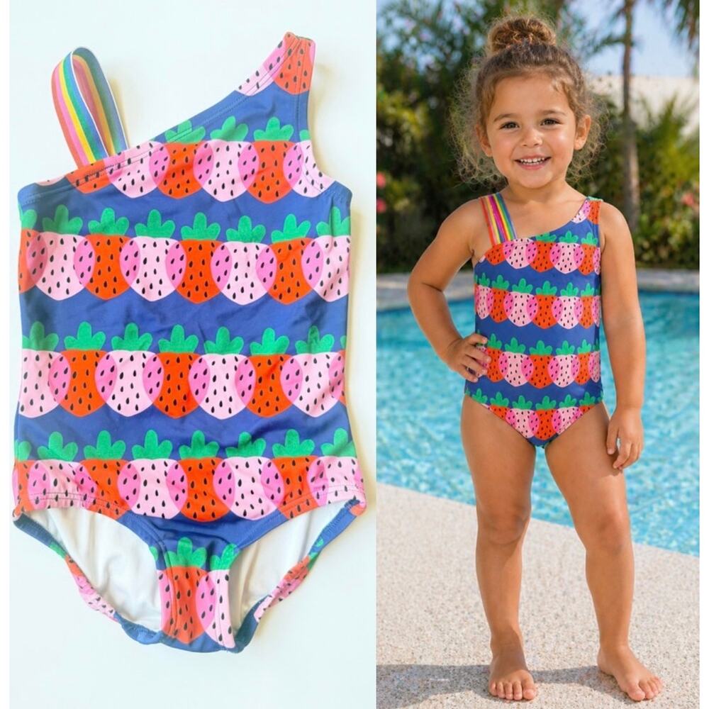 Hanna Andersson Strawberry One Shoulder Rainbow Strap Swimsuit 3T